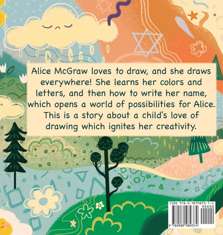 Digital book back cover with a blurb about a girl who loves to draw, set over colorful hills and trees, with a barcode.