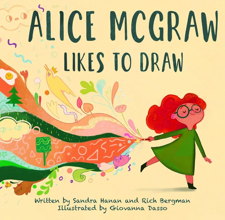 Digital book cover of a red-haired girl in glasses and a green dress pulling a colorful ribbon of drawings across the page.