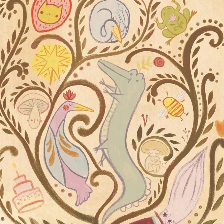 Digital illustration of an alligator, a long-beaked bird, a frog, a cat, and a bee among swirling folk-art vines.