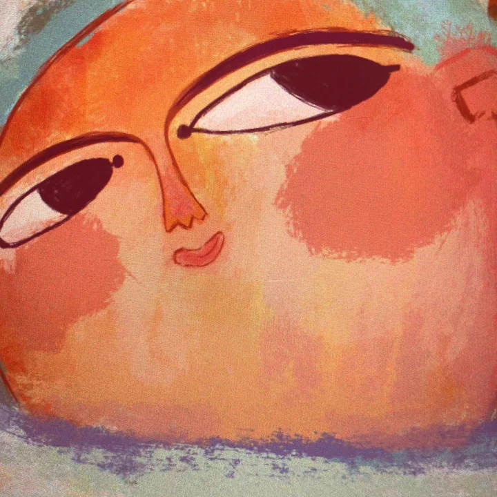 Digital illustration of a close-up round orange face with almond-shaped eyes, a small nose, and a rosy cheek.