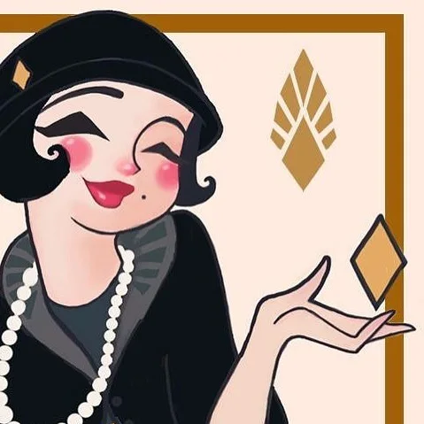 Digital illustration of a 1920s woman in a black cloche hat and long pearls holding up a gold diamond shape.