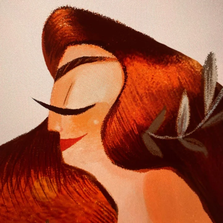 Digital illustration of a woman in profile with closed eyes, red lips, and sweeping auburn hair tucked with leaves.