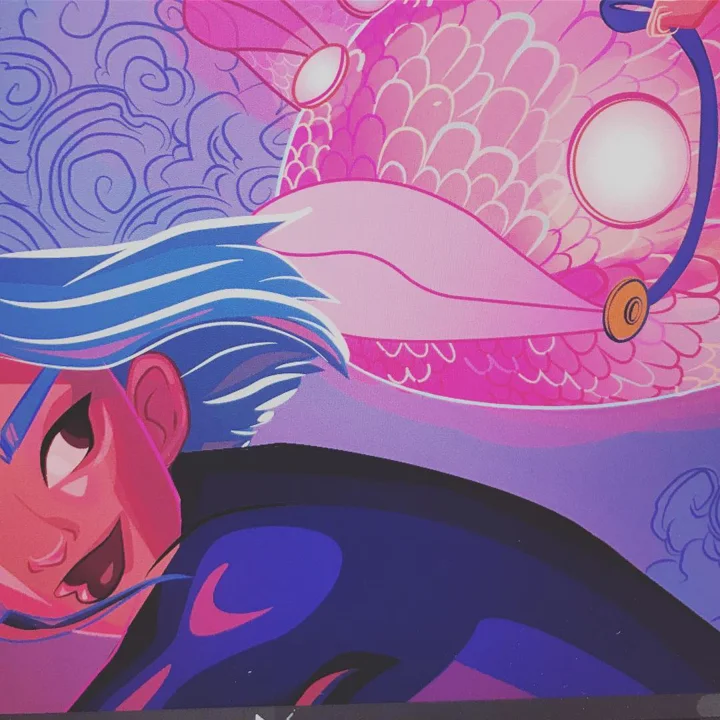 Digital illustration of a blue-haired rider leaning low on a pink scaled fish-dragon among swirling purple clouds.