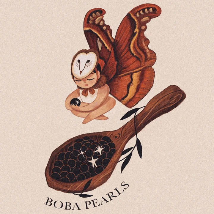 Digital illustration of an owl-masked moth fairy above a wooden spoon heaped with boba pearls, labeled BOBA PEARLS.