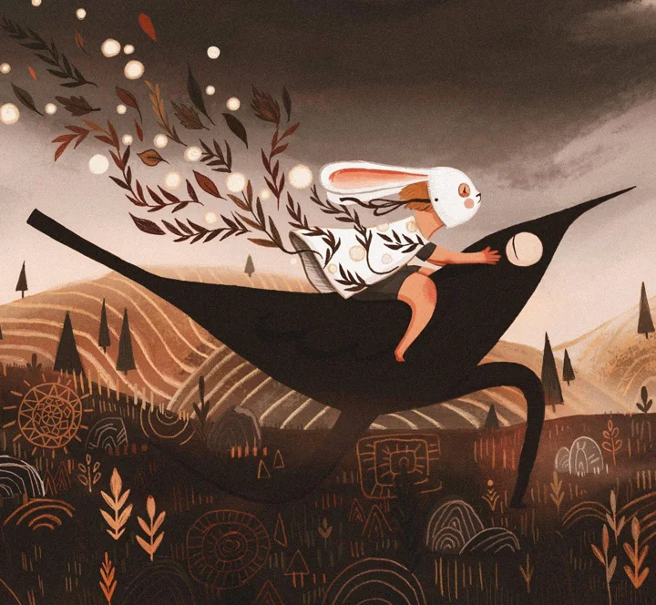 Digital illustration of a child in a white rabbit mask riding a dark flying ray over brown hills, trailing leaves and lights.