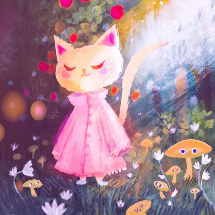 Digital illustration of a white cat in a pink dress standing upright among wildflowers and mushrooms with faces.