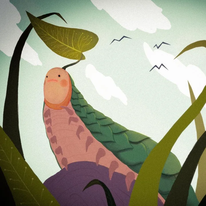 Digital illustration of a smiling caterpillar climbing a tall plant beneath a big leaf, with clouds and birds in the sky.