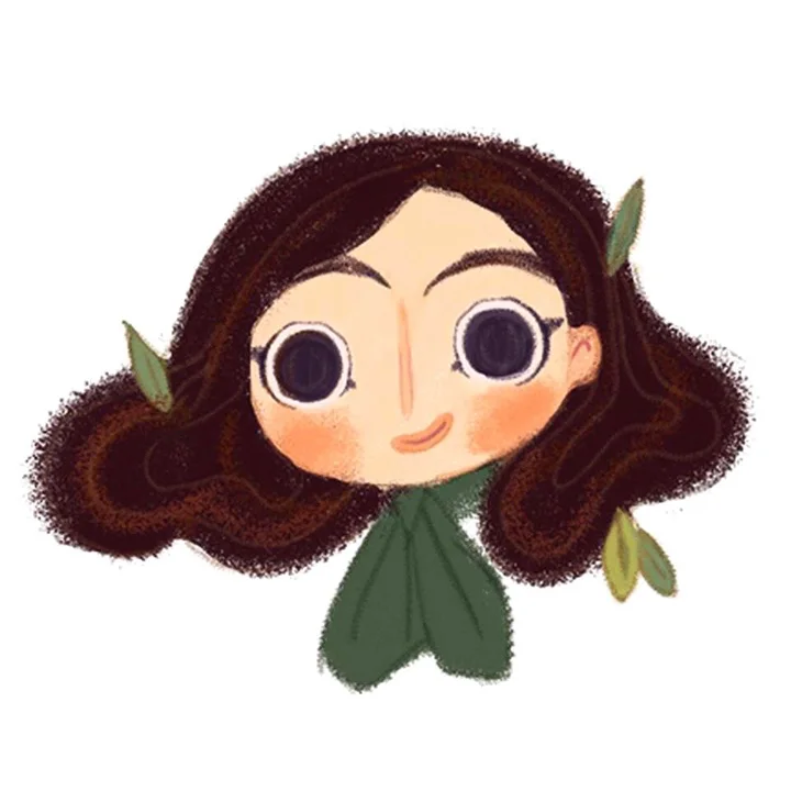 Digital illustration of a chibi girl with big round eyes, wavy brown hair tucked with leaves, and a green leaf collar.