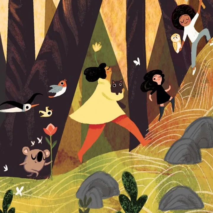 Digital illustration of children with a cat, an owl, and birds dashing through a forest of tall dark trees.