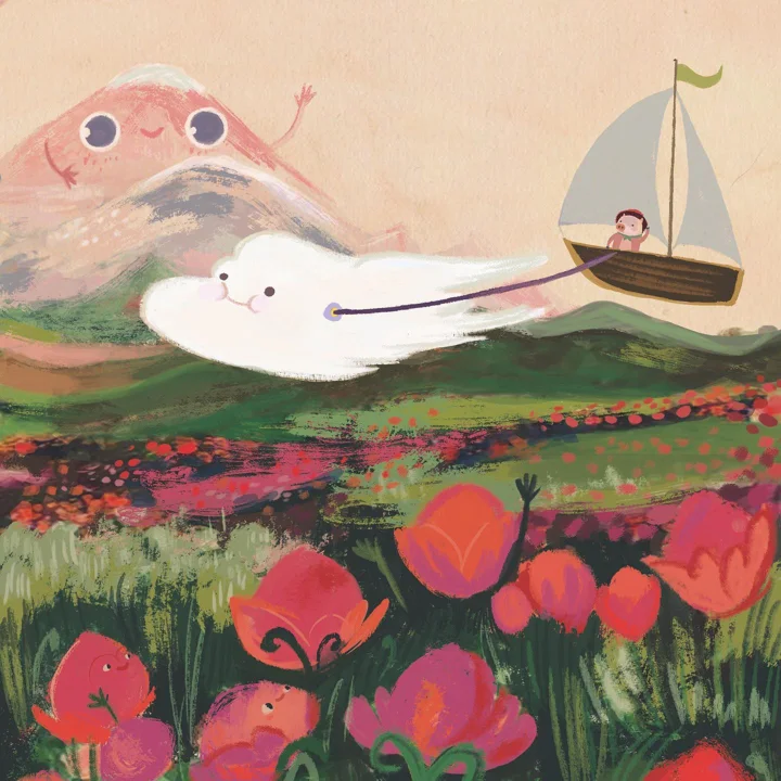 Digital illustration of a smiling cloud towing a sailboat with a child over red flower fields below a smiling mountain.