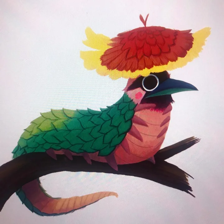 Painted illustration of a bird with green scalloped plumage, a red-and-yellow crest, and a dark beak, perched on a branch.