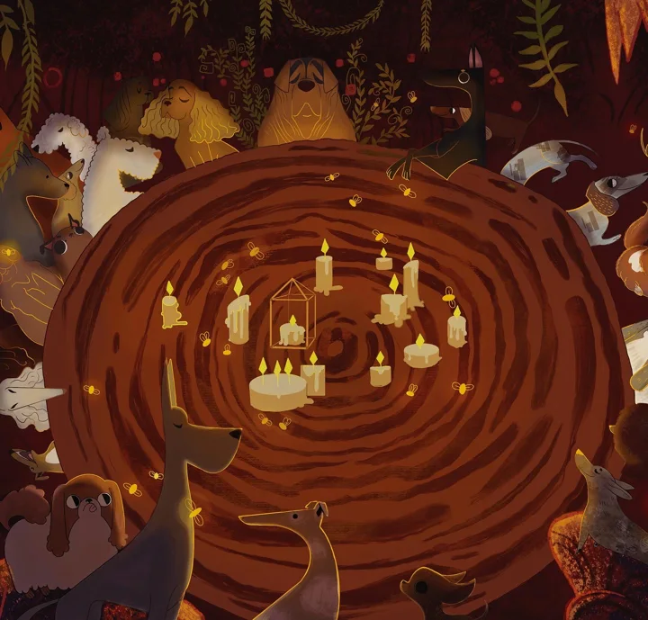 Digital illustration of many dogs gathered around a giant tree-ring stump covered in lit candles and tiny glowing lights.