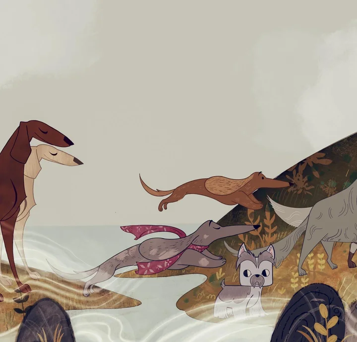 Digital illustration of long-bodied brown dogs and a small gray terrier playing at the water's edge under a misty sky.