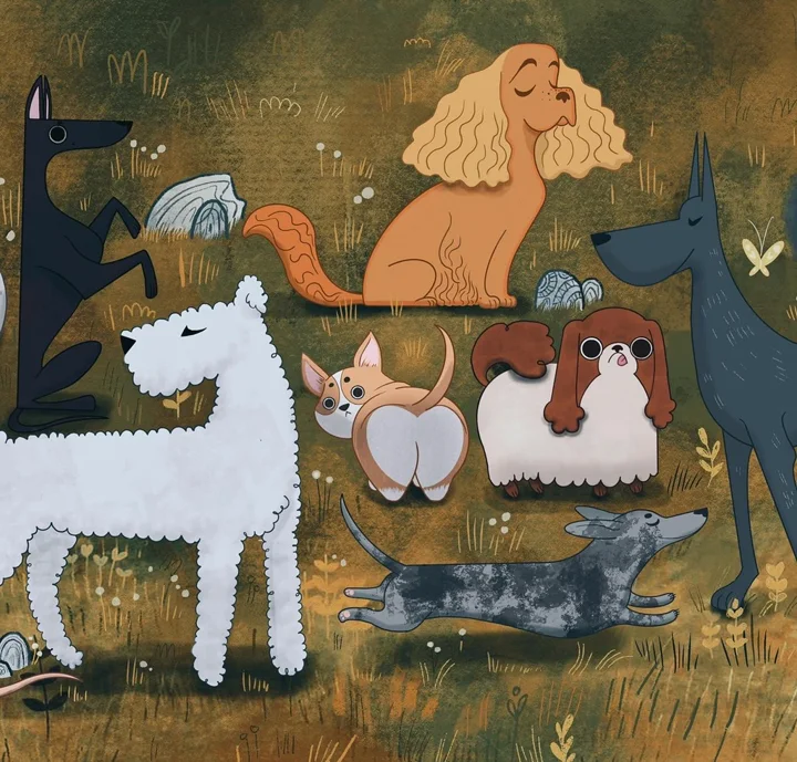 Digital illustration of assorted dogs, including a curly white dog, a golden spaniel, and a dappled dachshund, in a meadow.