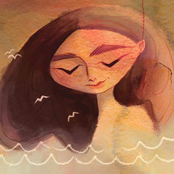 Painted illustration of a girl with long brown hair and closed eyes, small white birds, and a wavy line along the bottom.
