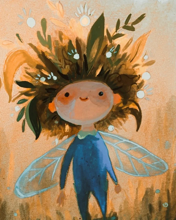 Painted illustration of a fairy boy in blue with a leafy crown and translucent dragonfly wings on a warm ochre ground.
