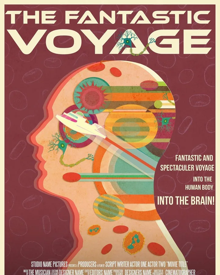 Digital retro poster of a head in profile filled with geometric shapes and a tiny ship, titled THE FANTASTIC VOYAGE.