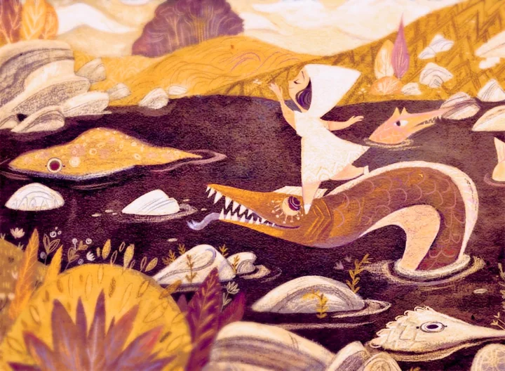 Fearless by Giovanna Dasso: a girl in a white hooded dress riding a sea dragon among fish and river rocks. Selected for the 2020 Society of Illustrators Student Scholarship Competition.