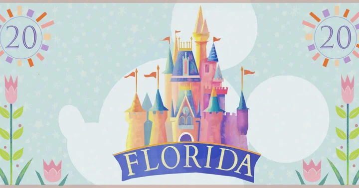 Digital illustration of a pastel castle above a FLORIDA banner, with tulips and the number 20 in each top corner.