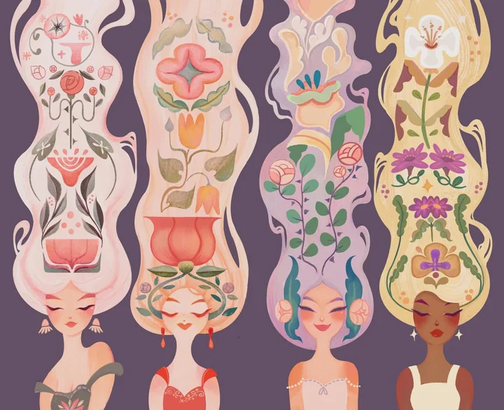 Digital illustration of four women with closed eyes, their towering hair filled with folk-art flowers.
