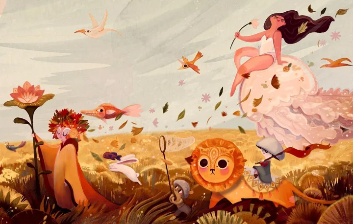 Digital illustration of a girl in a billowing pink dress on a cloud over a golden meadow with a lion and small creatures.