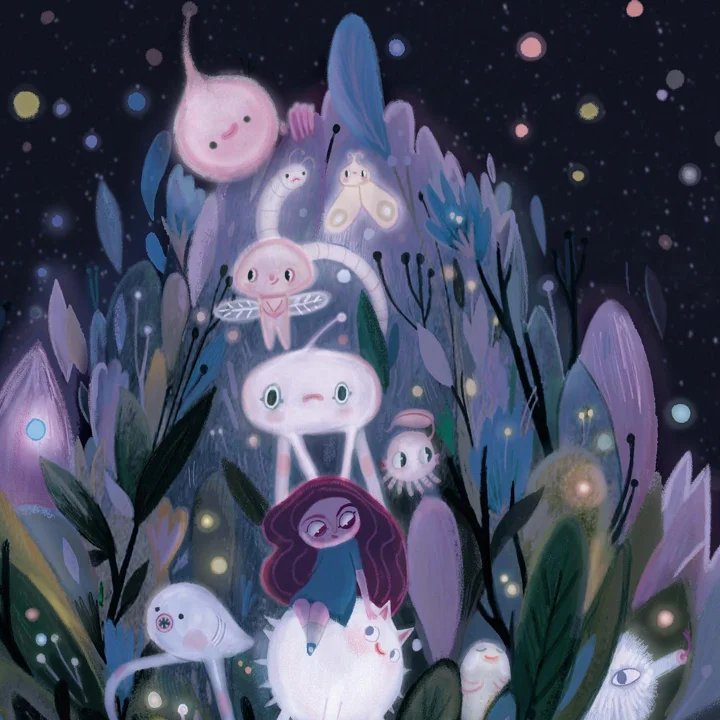 Digital illustration of a dark-haired girl peeking out among glowing white creatures and purple foliage under a starry sky.