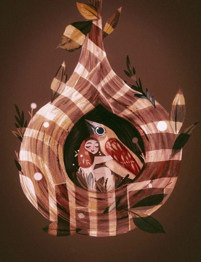 Digital illustration of a girl hugging a large bird inside a striped, teardrop-shaped woven nest on a dark brown ground.