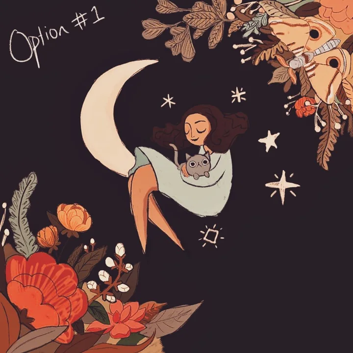 Digital illustration of a girl holding a gray cat on a crescent moon amid stars, framed by autumn flowers and moths.