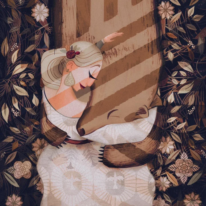 Digital illustration from above of a pale-haired girl with a rose in her hair hugging a sleeping brown bear among leaves.