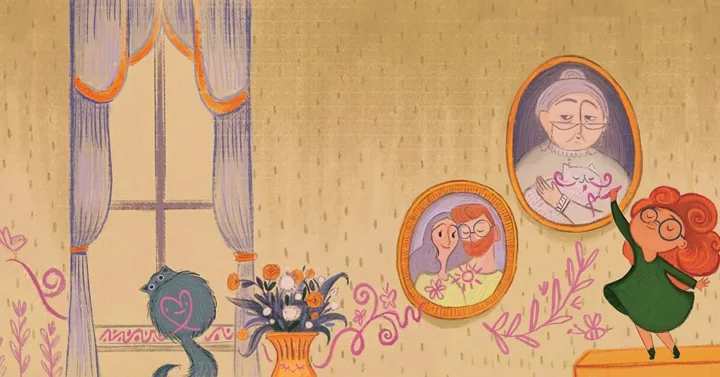 Digital illustration of a red-haired girl in green beside framed portraits, a curtained window, and a vase of flowers.