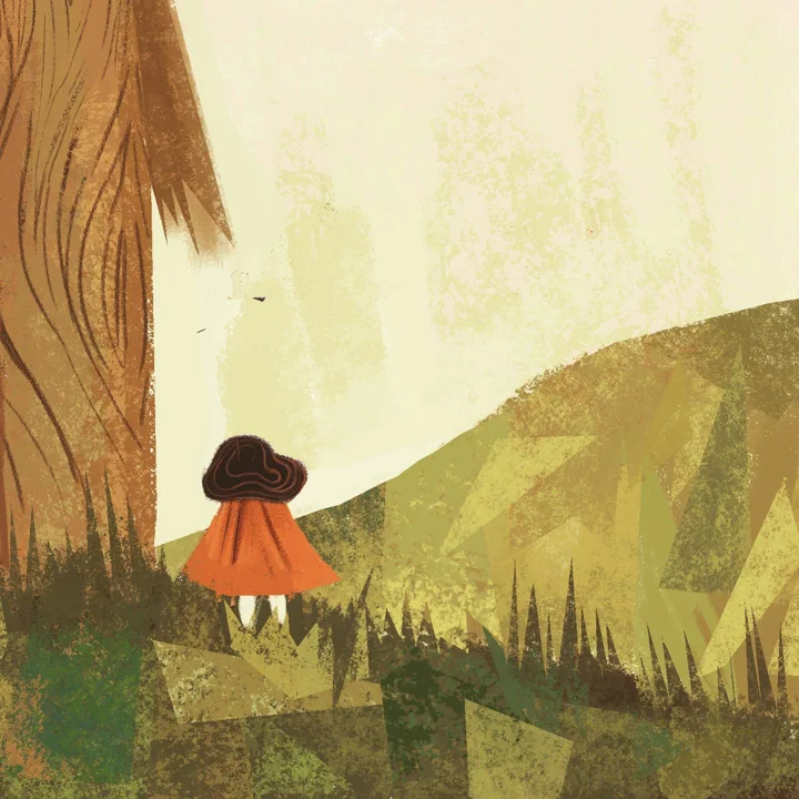 Digital illustration of a small girl in a red cloak, seen from behind on a grassy hill beside a tall tree trunk.