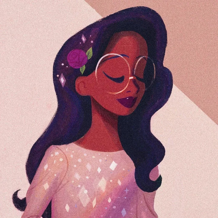 Digital illustration of a girl with long dark wavy hair, round glasses, and a rose tucked in her hair, eyes closed.