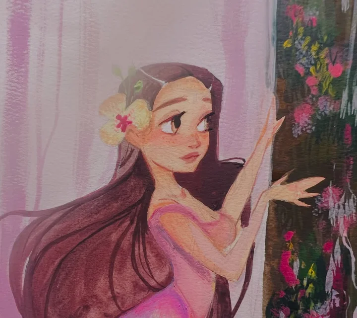 Digital painting of a long-haired girl with a flower behind her ear reaching toward a wall of blooming flowers.