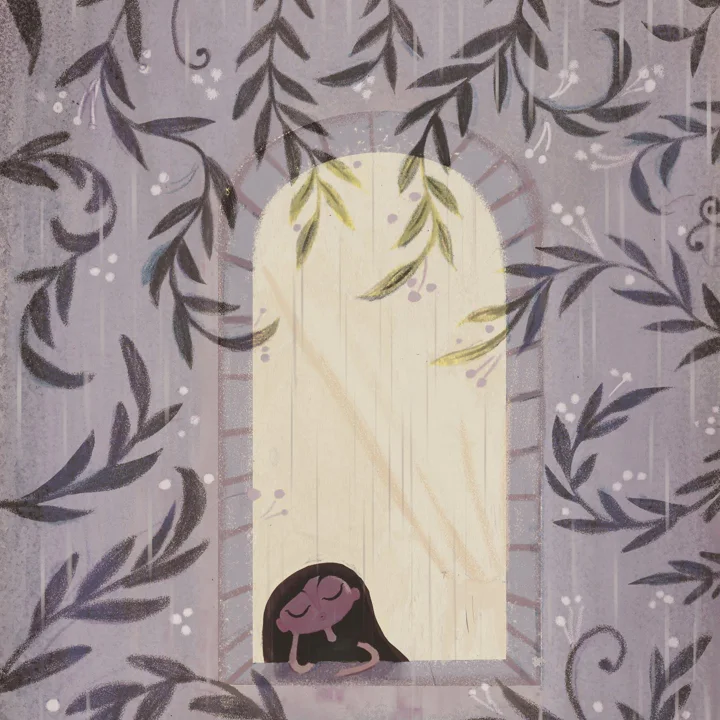 Digital illustration of a small girl curled in a glowing arched doorway in a leaf-patterned wall as rain falls.