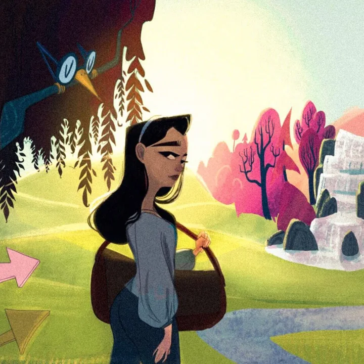 Digital illustration of a dark-haired girl with a big satchel in a bright valley of willows, pink trees, and a waterfall.