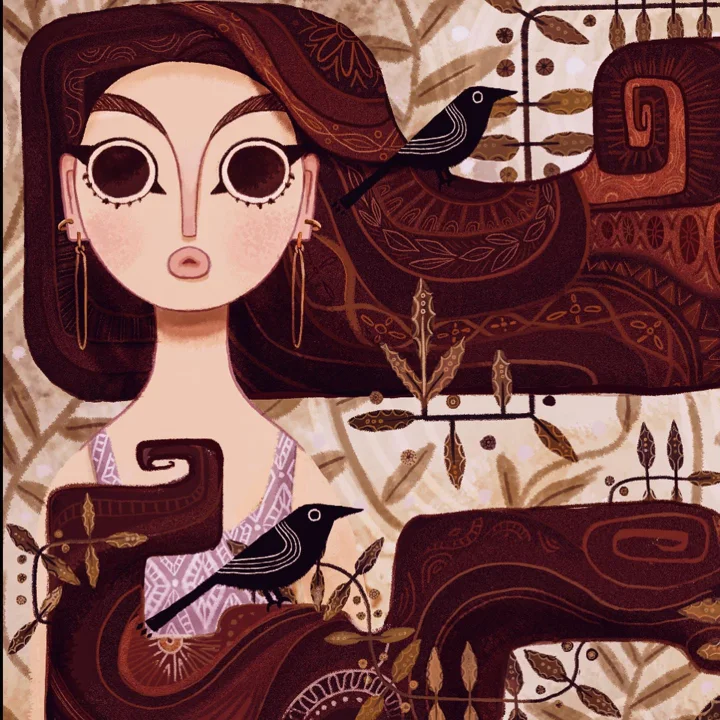 Digital illustration of a girl with large dark eyes whose sweeping patterned hair holds black birds and leafy sprigs.