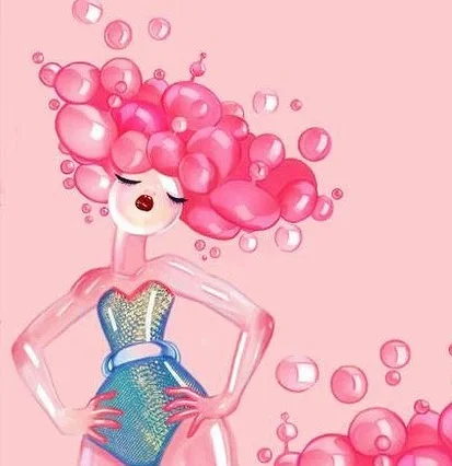 Digital illustration of a translucent pink figure in a sparkly blue dress, hands on hips, with hair made of pink bubbles.
