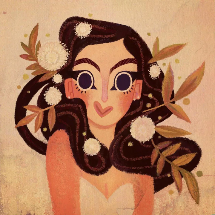 Digital illustration of a girl with large dark eyes and wavy dark hair woven with white blossoms and autumn leaves.