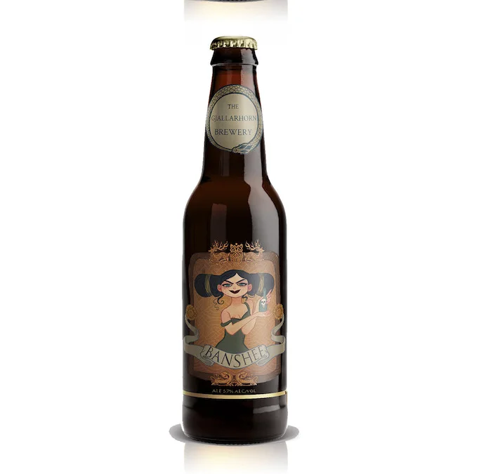 Digital beer label on a bottle mockup, showing a dark-haired banshee in green holding a tiny bottle under a Banshee banner.