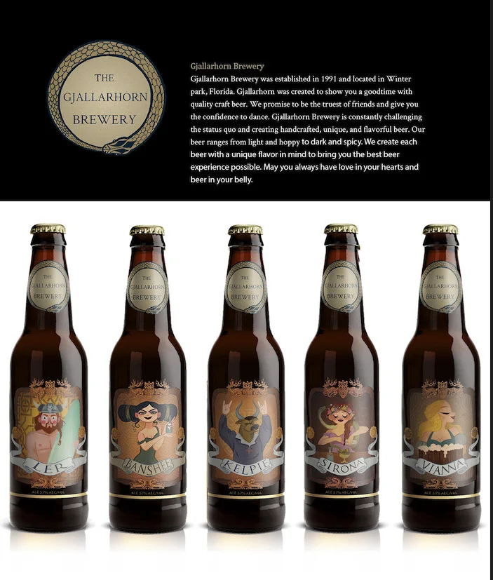 Digital brand board for Gjallarhorn Brewery with its round logo, a short brand story, and five illustrated beer bottles.