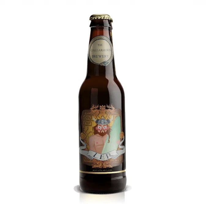 Digital beer label on a bottle mockup, showing a red-bearded man in a horned helmet holding a surfboard under a Ler banner.