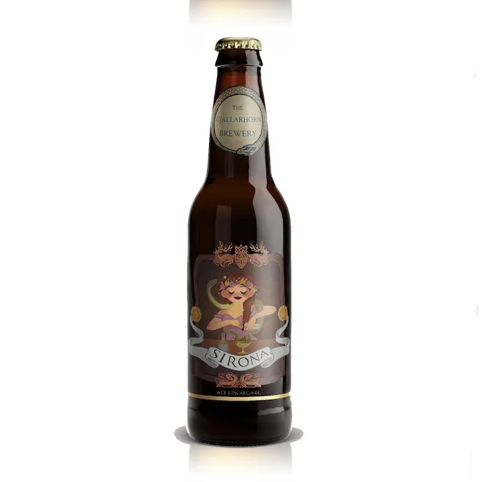 Digital beer label on a bottle mockup, showing a flower-crowned woman with a green snake and a goblet under a Sirona banner.