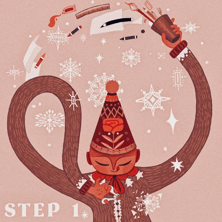 Digital illustration of a gnome in a red knit hat whose looping arms hold art supplies amid snowflakes, labeled STEP 1.
