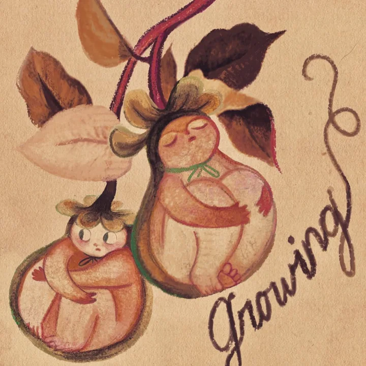 Digital illustration of two small figures curled in hanging seed pods on a leafy branch, with the word Growing.