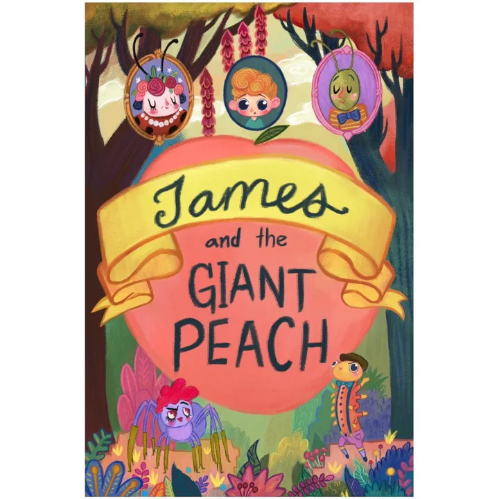 Digital book cover of a giant peach bearing the title James and the Giant Peach, with framed character portraits above.