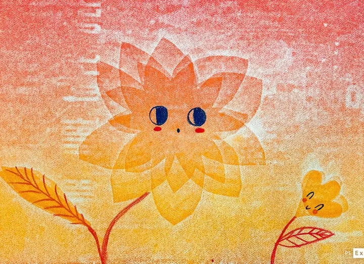 Digital illustration in grainy print texture of a large orange flower with a cute face, a leaf, and a small smiling bud.