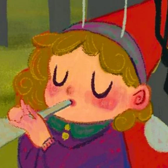 Digital illustration of a curly-haired child in an antenna headband, eyes closed, playing a little flute in the woods.