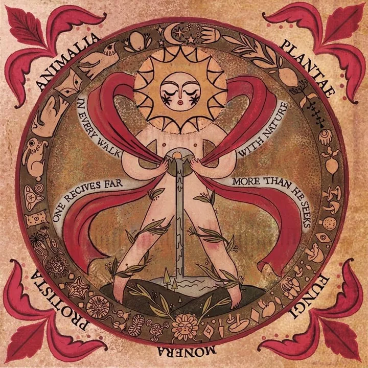 Digital illustration of a sun-headed figure pouring water inside a circular border naming the five kingdoms of life.