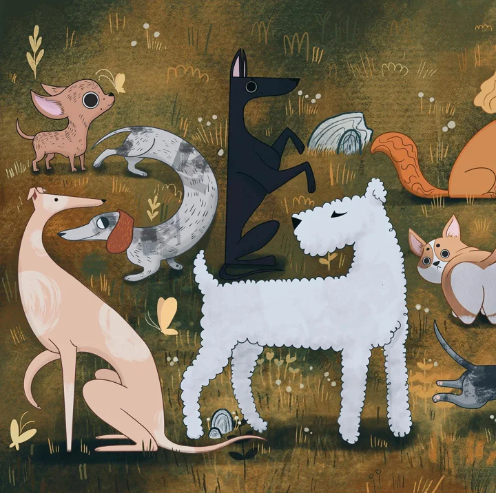 Digital illustration of stylized dogs, including a slender hound, a corgi, and a fluffy white terrier, in a grassy meadow.
