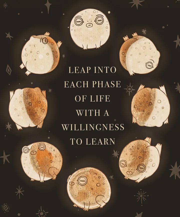 Digital illustration of round frogs drawn as moon phases, ringed around a quote about leaping into each phase of life.